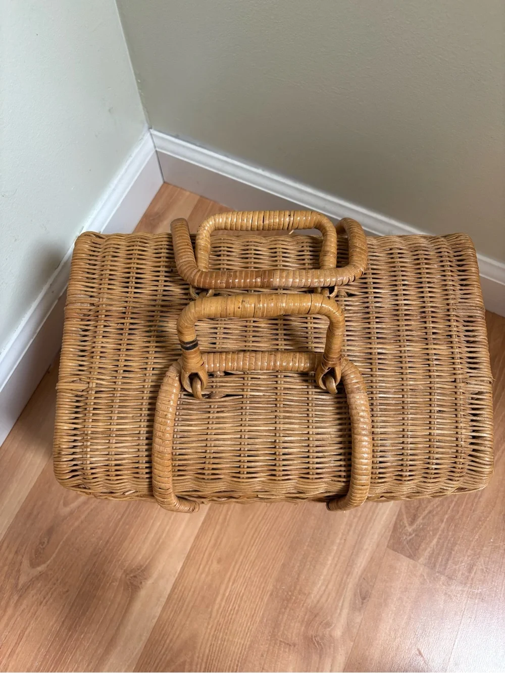 Woven Rattan Picnic Basket with Light Blue Tableware for 2